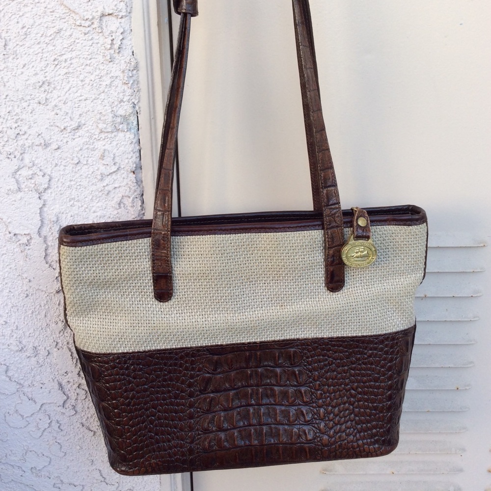 Brahmin Brown Leather Croc Canvas Shoulder Bag